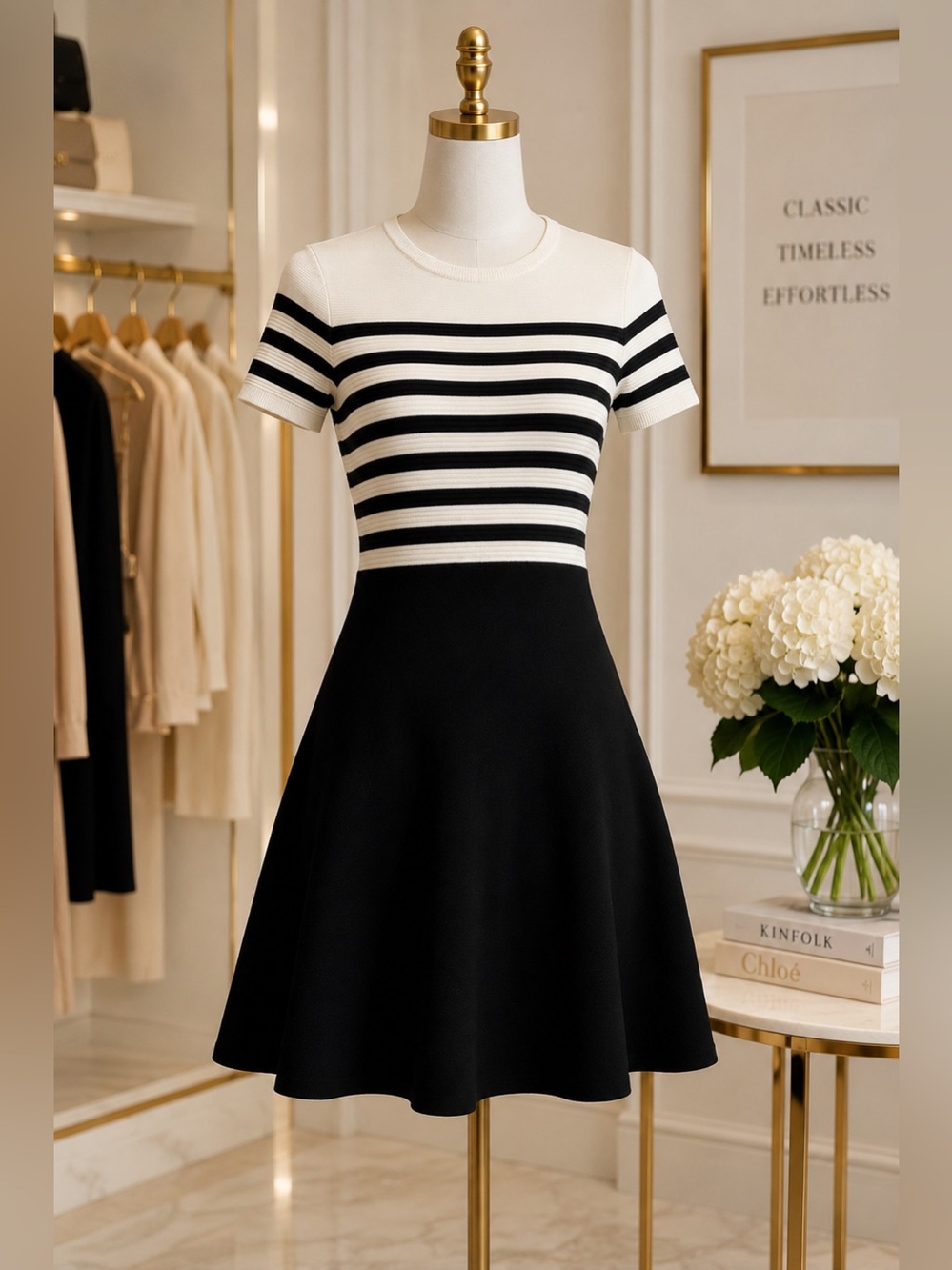 Talbots Petite Striped Sweater Dress Black Ivory Fit Flare MP Fall Preppy - Picture 2 of 9